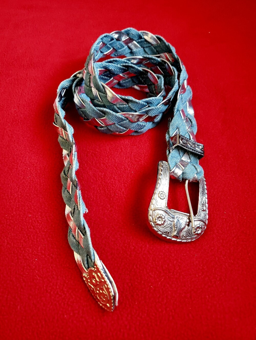 Braided Teal and Silver Men’s Belt with Ornate Buckle